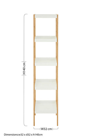 Nostra five tiered white and natural shelf unit with light wood frame and white shelves is a natural shelf unit