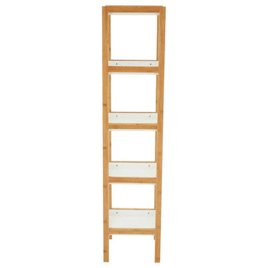 Light brown bamboo natural shelf unit with five white rectangular shelves for stylish storage and display