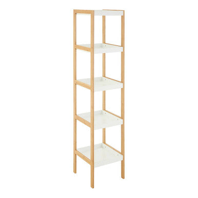 Light wood framed nostra five tiered white and natural shelf unit with white laminate shelves natural shelf unit