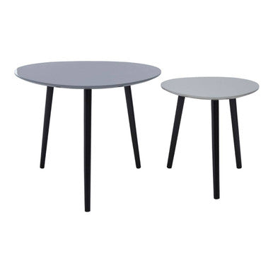 Set of two nostra triangular nesting tables with matte gray round tops and slender black legs in minimalist style