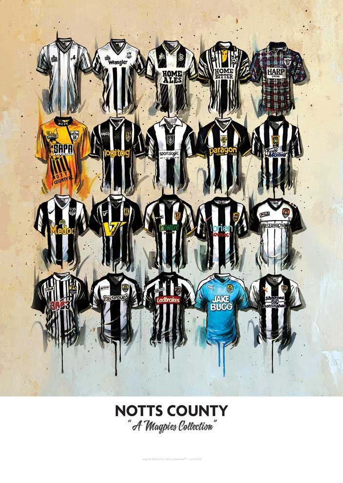 A stylized poster of notts county limited edition signed prints featuring black-white stripes orange blue and plaid shirts