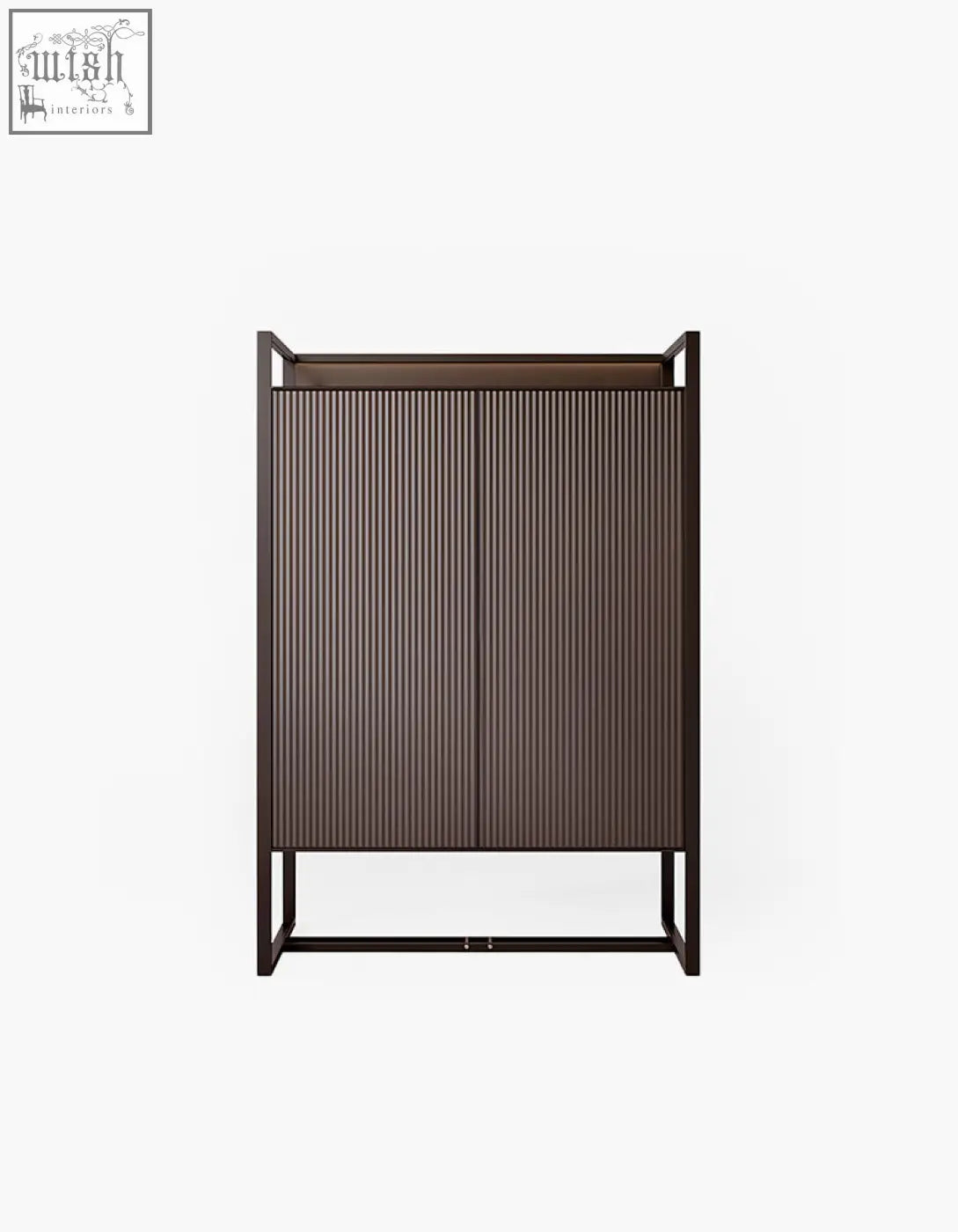 Dark brown ribbed nouri sideboard with sleek metal frame for wine storage offering financing and low shipping cost