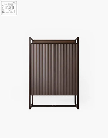 Dark brown ribbed nouri sideboard with sleek metal frame for wine storage offering financing and low shipping cost