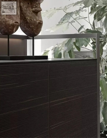 Dark wood grain nouri sideboard with sleek modern design and horizontal grooves offers wine storage with two doors