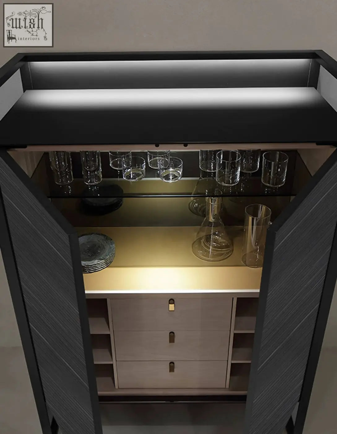 Modern black and beige nouri sideboard with wine storage glass shelves wooden drawers and integrated lighting offer financing shipping cost