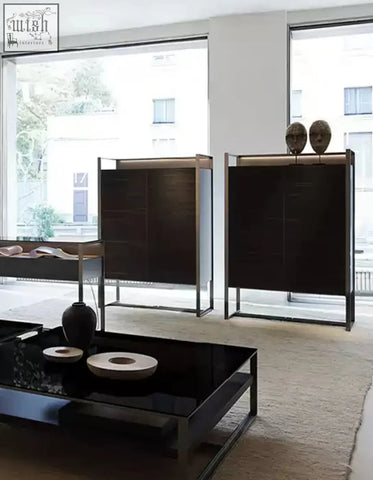 Modern black lacquered nouri sideboard with sleek metal frame wine storage and two dark wooden masks on top offer financing shipping cost