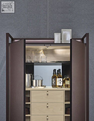Modern brown textured nouri sideboard with light wood drawers and wine storage offering financing and low shipping cost