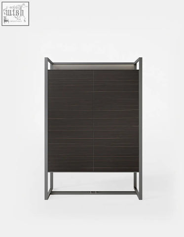 Dark wood grain nouri sideboard with metal frame wine storage featuring two doors and offer financing options