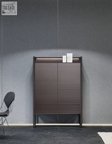Modern brown wooden nouri sideboard with sleek grain finish and black metal frame for wine storage offer financing available