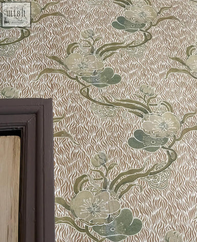 Beige and olive green art nouveau floral wallpaper with intricate vines textured background nouveau blossom gold