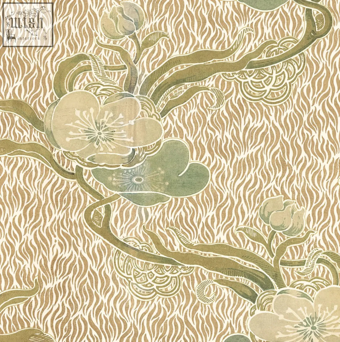 Beige and olive green nouveau blossom gold wallpaper with stylized blossoms and swirling vines on wavy textured background