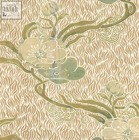 Beige and olive green nouveau blossom gold wallpaper with stylized blossoms and swirling vines on wavy textured background