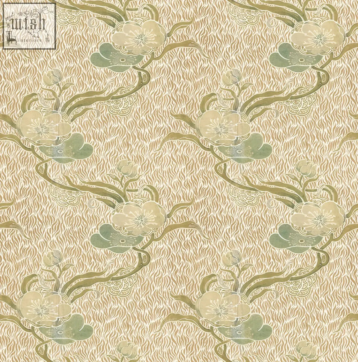 Beige nouveau blossom gold wallpaper with a repeating art nouveau pattern of stylized flowers and vines in soft green and cream tones
