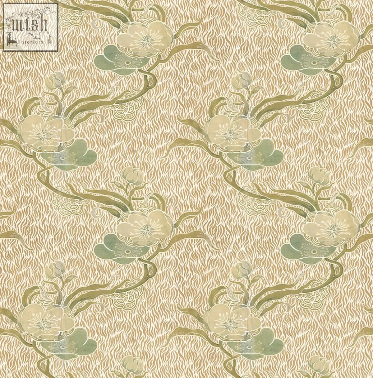 Beige nouveau blossom gold wallpaper with a repeating art nouveau pattern of stylized flowers and vines in soft green and cream tones