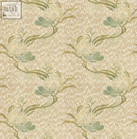 Beige nouveau blossom gold wallpaper with a repeating art nouveau pattern of stylized flowers and vines in soft green and cream tones