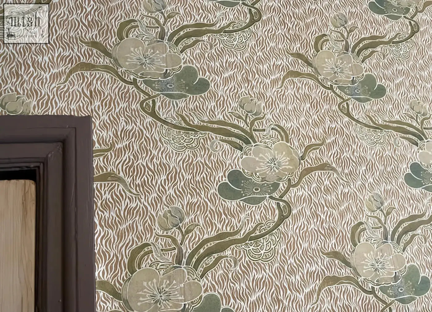 Beige nouveau blossom gold wallpaper with green cream stylized flowers on wavy stems art nouveau design