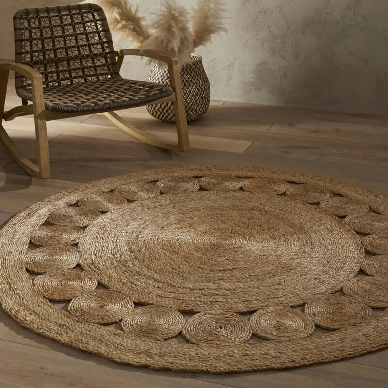 Nova natural circle rug handwoven round jute natural fiber rug with textured woven design and concentric edge patterns