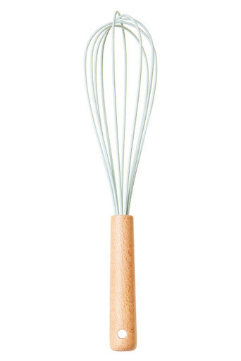 A wooden handled whisk with silver wire head paired with a sage green silicone head for easy mixing tasks