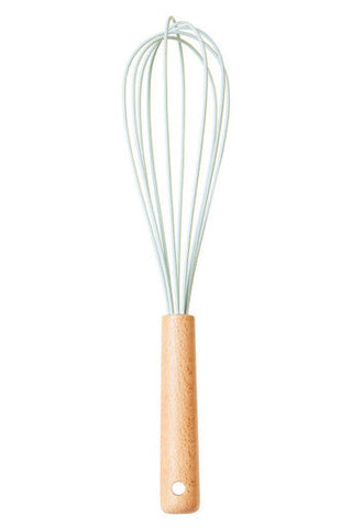A wooden handled whisk with silver wire head paired with a sage green silicone head for easy mixing tasks