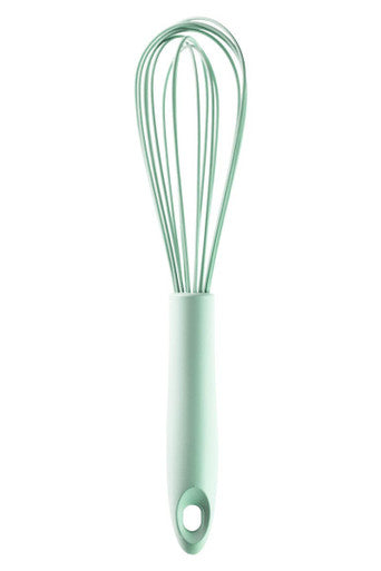 Nova sage green silicone whisk with a mint green silicone handle and metal wire head for easy mixing and baking