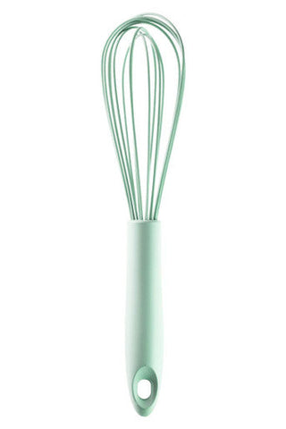 Nova sage green silicone whisk with a mint green silicone handle and metal wire head for easy mixing and baking