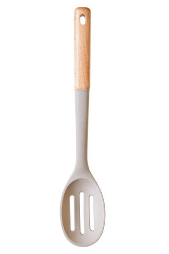 Nova stone grey silicone slotted spoon with grey silicone head and light wood handle for easy cooking