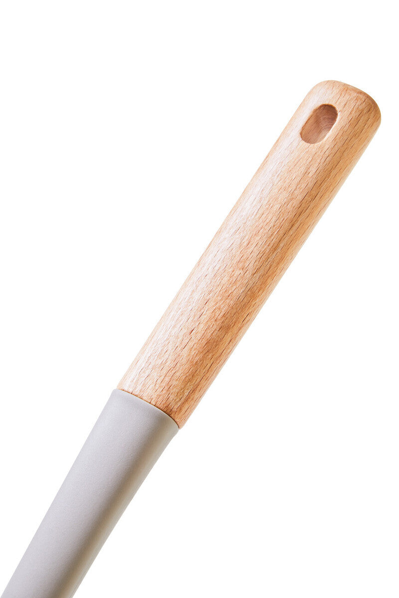 Light wooden handle with natural grain and oval hole on nova stone grey silicone head slotted spoon