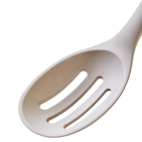 Stone grey silicone slotted spoon with three parallel slots for easy food lifting and cooking use