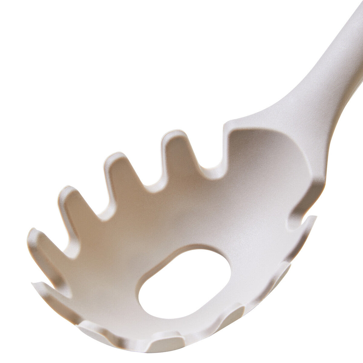 White plastic spaghetti server with sleek modern design and evenly spaced tines in nova stone grey silicone head
