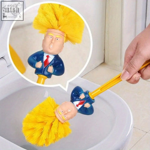 Yellow bristled toilet brush set with a cartoonish figure head in blue suit and red tie for bathroom cleaning
