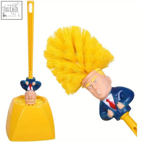 Yellow plastic toilet brush set with donald trump cartoon figure for bathroom cleaning and durable use