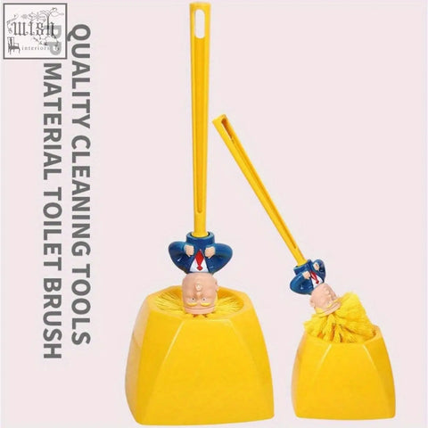Yellow plastic toilet brush set with cartoon businessman heads on handles for bathroom cleaning without a base
