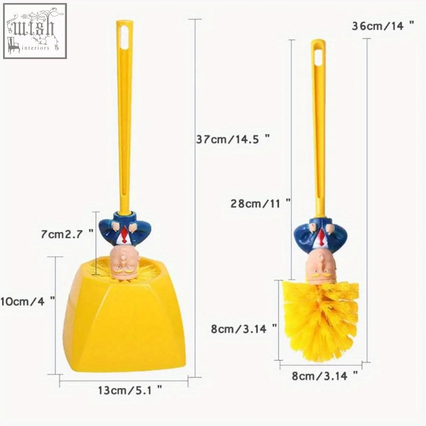 Yellow plastic toilet brush set with cartoon businessman handle for bathroom cleaning with durable reusable bristles