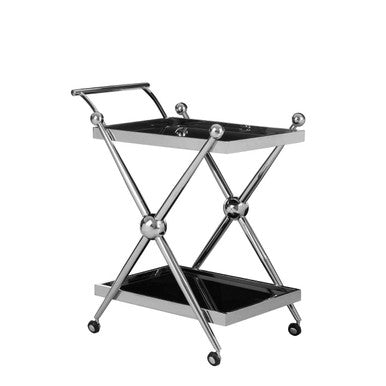 Novo 2 tier silver cross design trolley with chrome x-frame, black glass shelves, and spherical ball accents