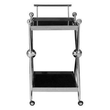 Chrome finished novo 2 tier silver cross design trolley with black glass shelves and spherical decorative accents