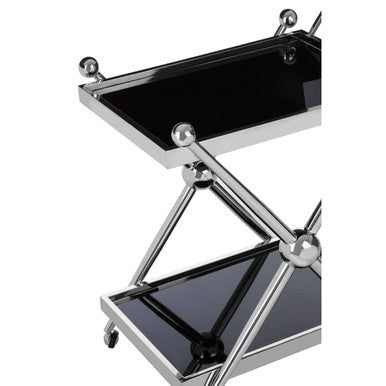 Novo 2 tier silver cross design trolley with chrome metal frame black glass shelves and spherical ball accents