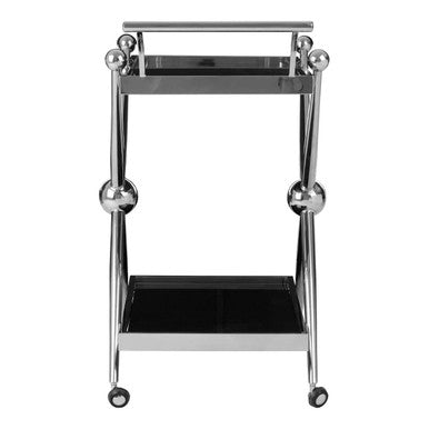 Chrome finished metal cross design trolley with black glass shelves and silver spherical ball accents