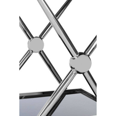Chrome finished metal frame with intersecting rods and circular connectors on novo 2 tier silver cross design trolley