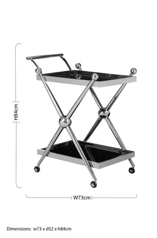Novo 2 tier silver and cross design trolley with chrome finish, black glass shelves, and spherical ball accents on legs