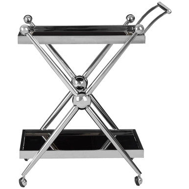 Shiny chrome novo 2 tier silver cross design trolley with black mirrored shelves and spherical ball accents
