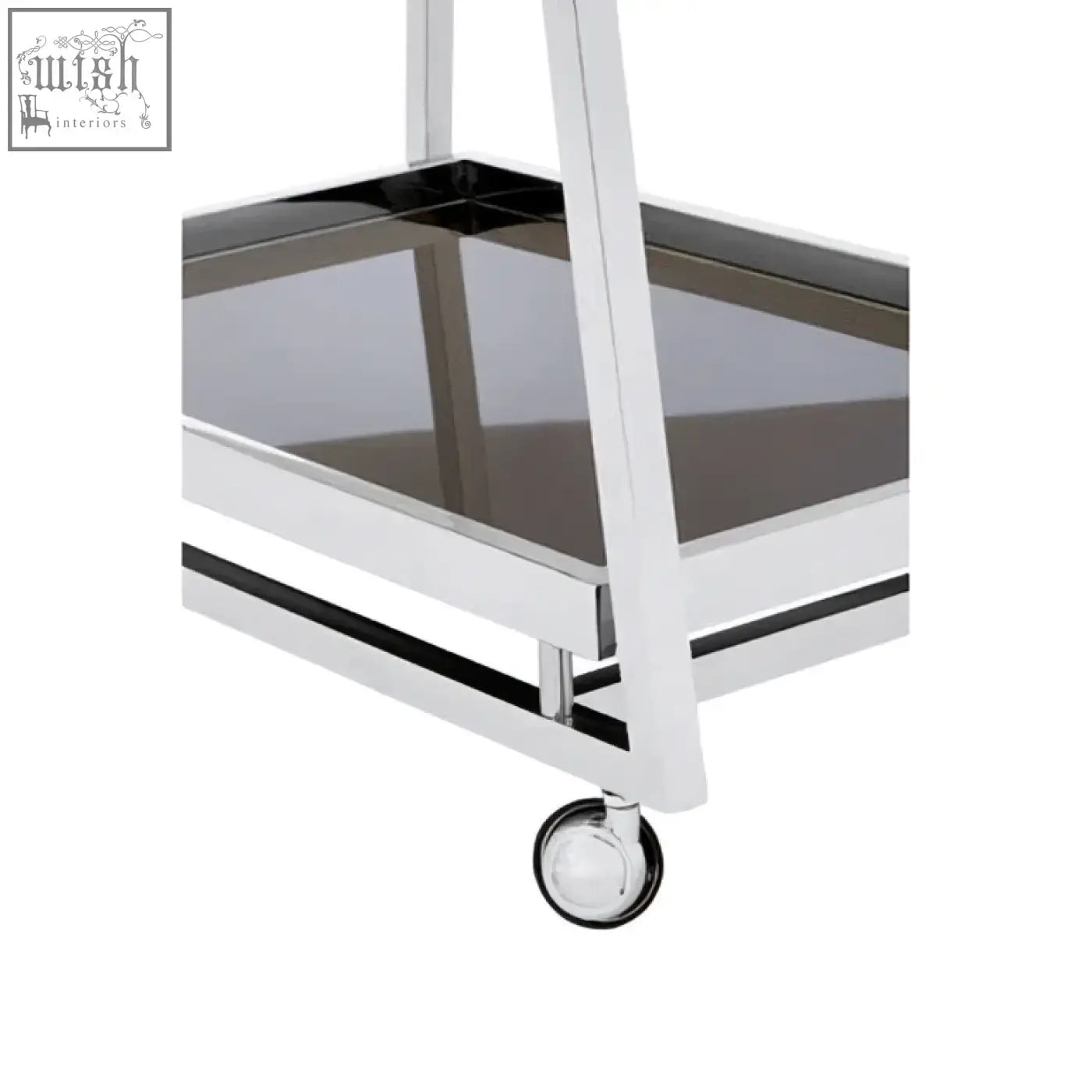 Novo 3 tier silver finish trolley with chrome metal frame and sleek reflective glass top and side panels silver finish trolley