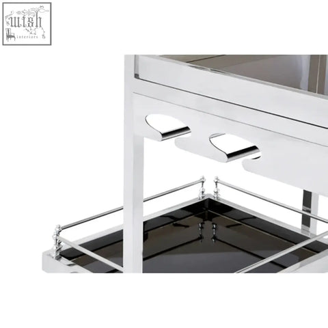 Novo 3 tier silver finish trolley with chrome finish and black glass shelves showing sleek silver finish trolley design