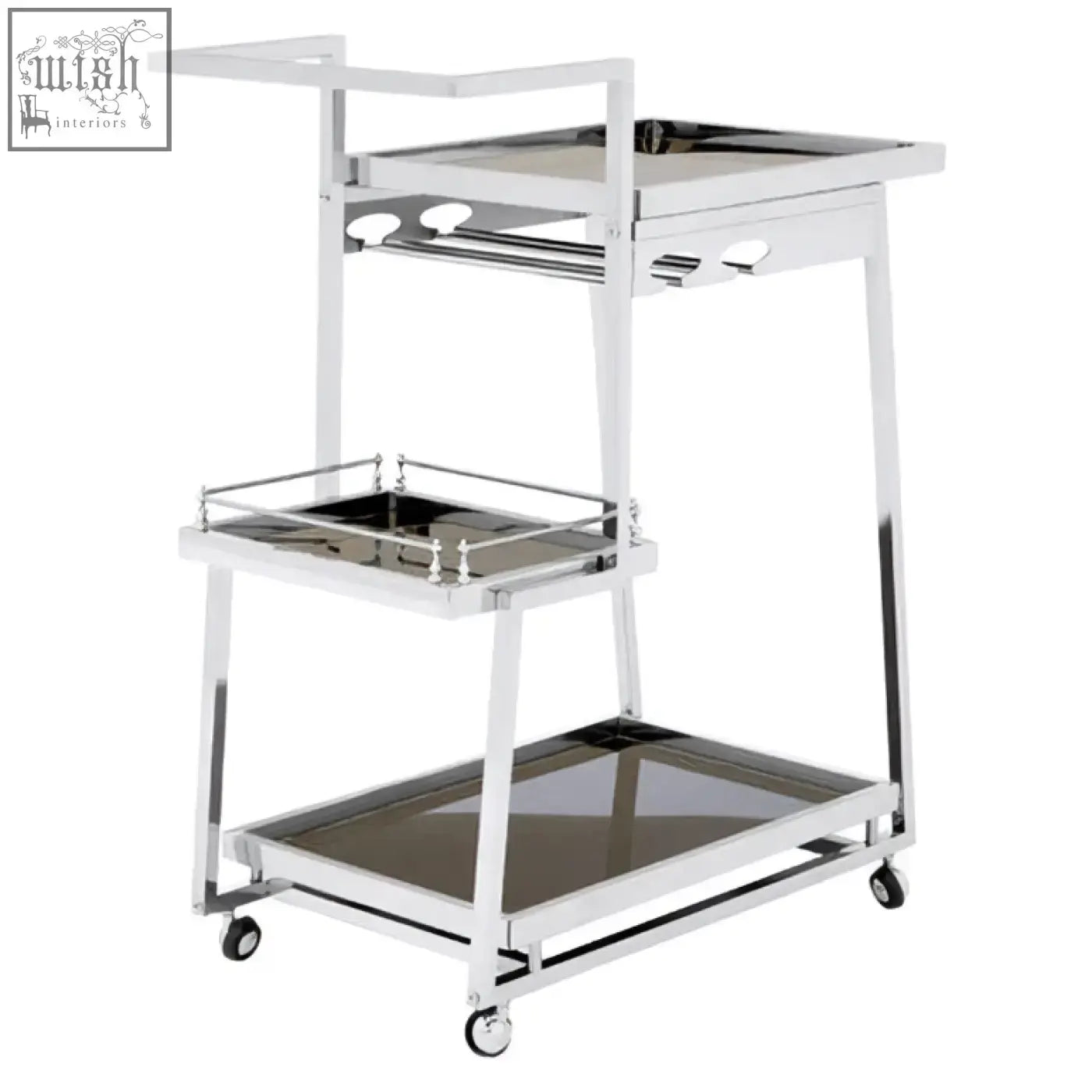 Novo 3 tier silver finish trolley with chrome metal frame glass shelves and wheels for easy serving use
