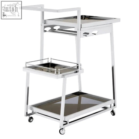 Novo 3 tier silver finish trolley with chrome metal frame glass shelves and wheels for easy serving use