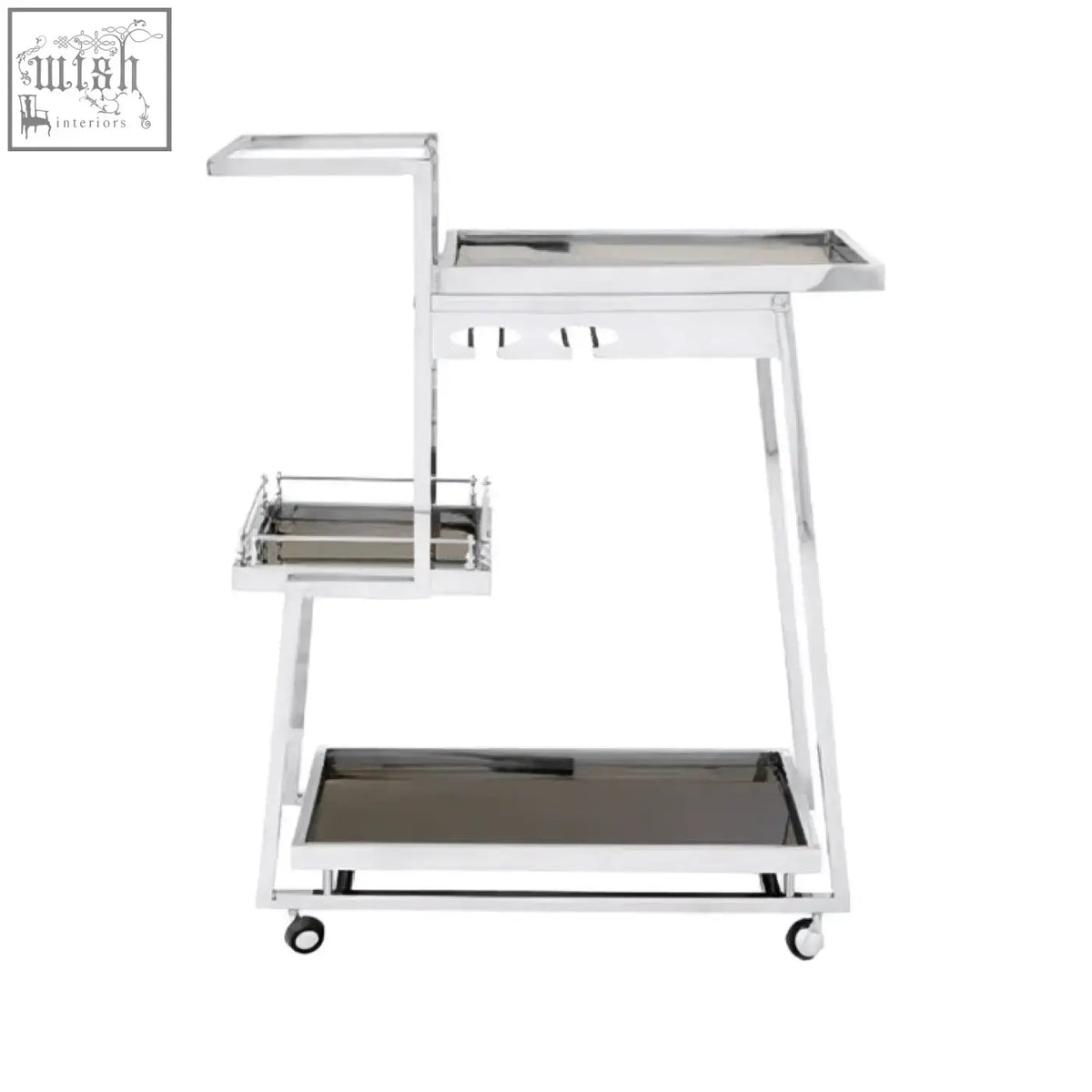 Novo 3 tier silver finish trolley with chrome finish trolley and sleek glass shelves for modern storage and serving