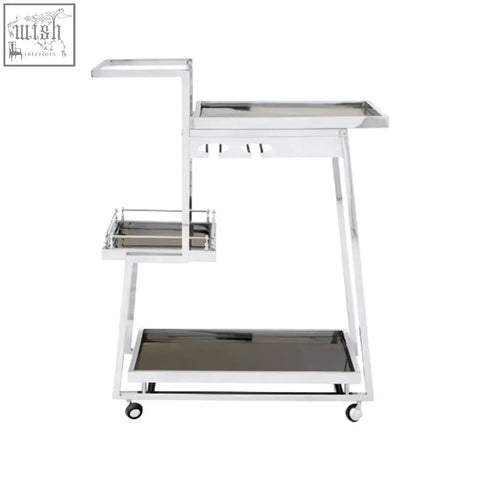Novo 3 tier silver finish trolley with chrome finish trolley and sleek glass shelves for modern storage and serving