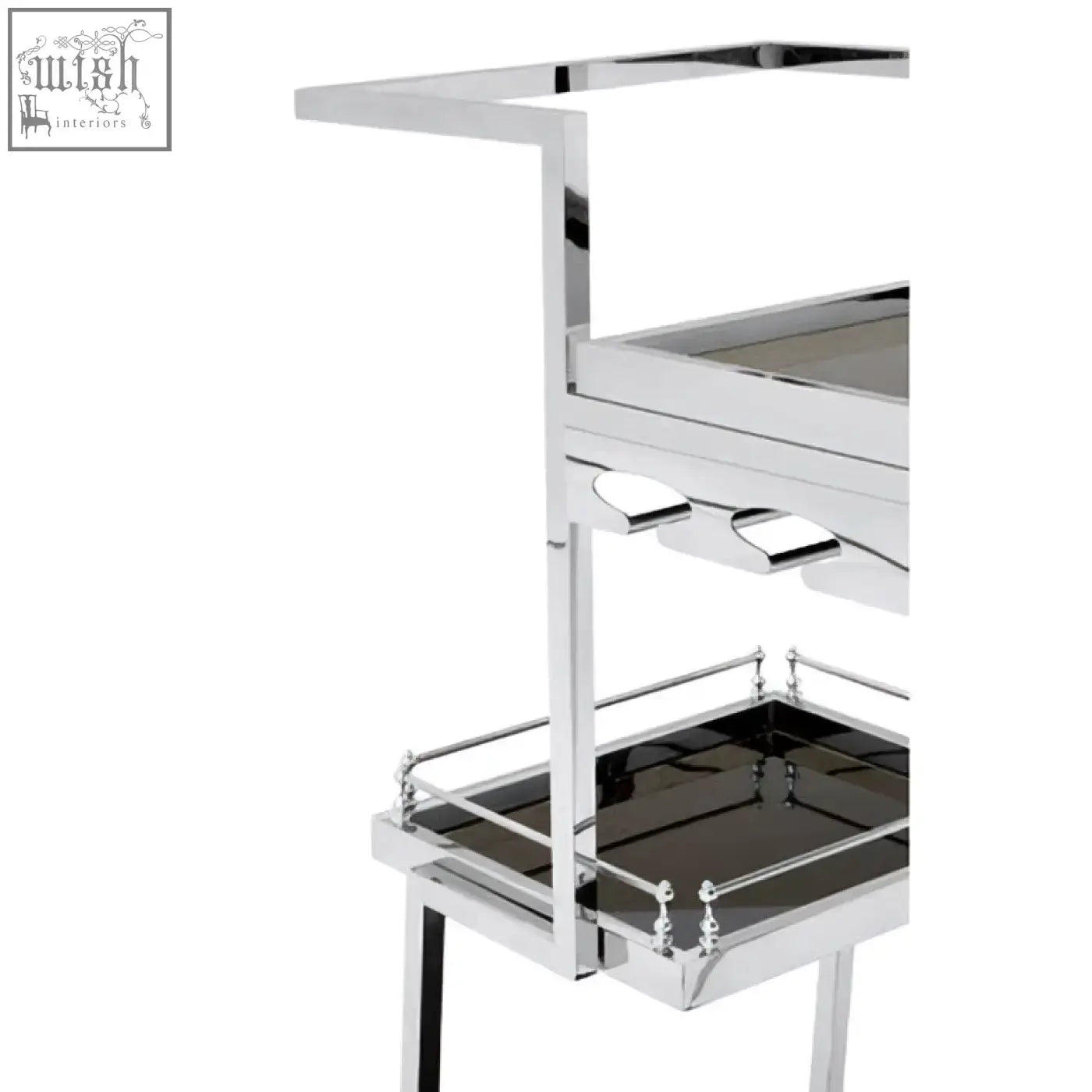 Novo 3 tier silver finish trolley with chrome silver finish and sleek black glass shelves for stylish bar storage