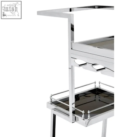 Novo 3 tier silver finish trolley with chrome silver finish and sleek black glass shelves for stylish bar storage