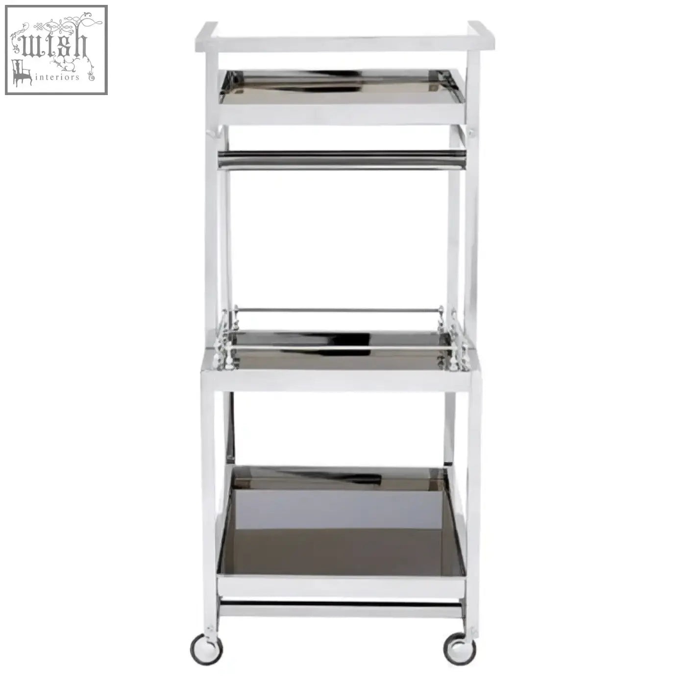 Novo 3 tier silver finish trolley with chrome finish glass shelves and caster wheels for easy mobility
