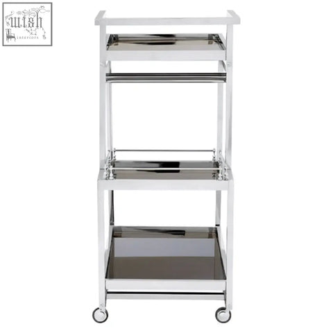 Novo 3 tier silver finish trolley with chrome finish glass shelves and caster wheels for easy mobility